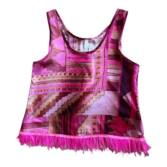 ZAHJR Feather Tank Top In Bright Fuchsia Color Abstract Printed In Size S - Picture 5 of 7